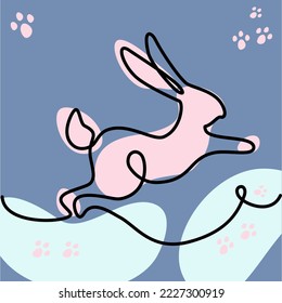 A stylized image of a jumping rabbit with one solid line with color spots in trendy shades. Line art