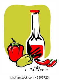 The stylized  image of ketchup and three kinds of pepper on a green background.
