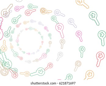 Stylized image of keys and houses of different colors. Abstract background for documents for the inability, sale, delivery, and purchase of housing