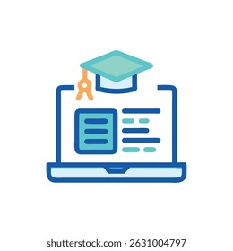 Stylized image of a laptop with graduation cap depicting online education. Flat vector design with blue outlines and turquoise fill.