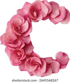 A stylized image of the letter "C" is formed using numerous pink rose petals, creating a visually appealing and floral representation of the alphabet.