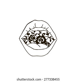 The stylized image of lips, hand drawn sketch on white background, symbol, vector illustration.