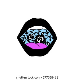 The stylized image of lips, hand drawn sketch on white background, symbol, vector illustration.