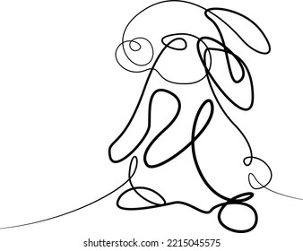 A stylized image of a little bunny or rabbit. Drawing of an animal made with one black line on a white background. Symbol of 2023, vector