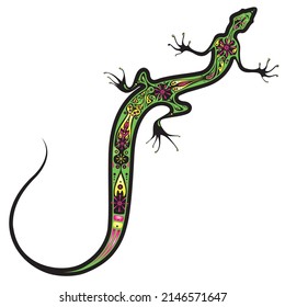 Stylized image of Lizard with decorative floral pattern. Ornate animal illustration on white  background. Bright neon colors. Works well as mascot, emblem, print or tattoo