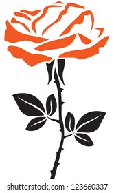 The stylized image of a lush flower rose on stem with leaves