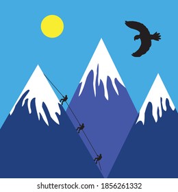 
Stylized image of mountain snow-capped peaks. Climbers climb the mountain. Eagle in the sky.Clipart, design element, emblem