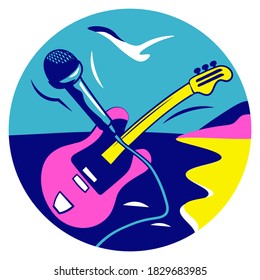 La imagen estilizada de los instrumentos musicales en el fondo de la playa. Icono del avatar.
