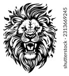 Stylized image of the muzzle of a lion. Roaring lion tattoo. Vector black and white illustration isolated on white.