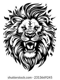 Stylized image of the muzzle of a lion. Roaring lion tattoo. Vector black and white illustration isolated on white.