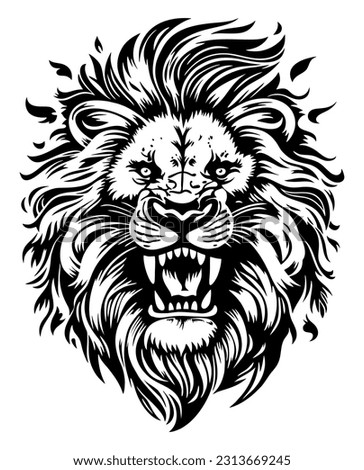 Stylized image of the muzzle of a lion. Roaring lion tattoo. Vector black and white illustration isolated on white.