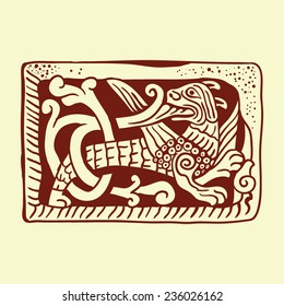stylized image of a mythical creature from the walls of the ancient Russian Church