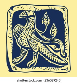 stylized image of a mythical creature from the walls of the ancient Russian Church