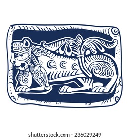 stylized image of a mythical creature from the walls of the ancient Russian Church