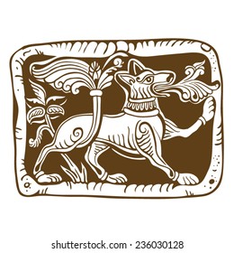 stylized image of a mythical creature from the walls of the ancient Russian Church