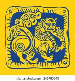 stylized image of a mythical creature from the walls of the ancient Russian Church