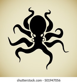 
stylized image of octopus with tentacles spaced apart black on beige background
