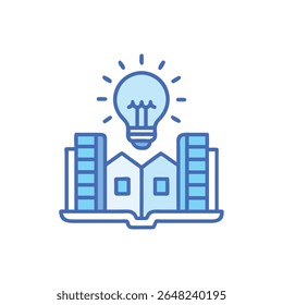 Stylized image of an open book evolving into a city beneath a bright idea lightbulb. The color palette is blue tones.