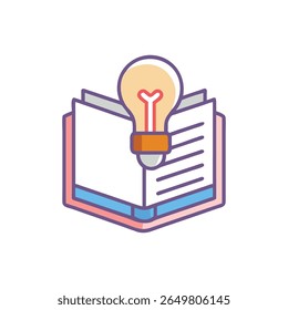 Stylized image of an open book with lightbulb, representing knowledge and ideas. Modern flat vector illustration.