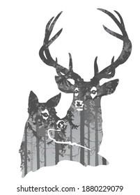 The stylized image of a pair of deer. Inside there is a pine forest. Vector illustration, isolated object