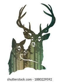 The stylized image of a pair of deer. Inside there is a pine forest. Vector illustration, isolated object
