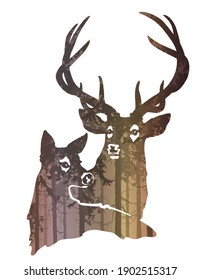 The stylized image of a pair of deer. Inside there is a pine forest. Vector illustration, isolated object