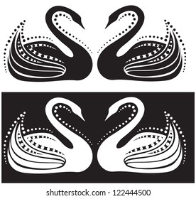 The stylized image of a pair of swans