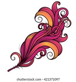 The stylized image of a pen. Vector. Graphic arts. Beautiful feather. On a white background.