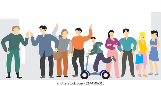 stylized image of people in different life situations with different emotions on the background of the urban landscape vector