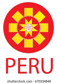 Stylized image of a person's face and a little sun on a red background. Styling of the Peruvian or Bolivian traditional symbol. The inscription of Peru