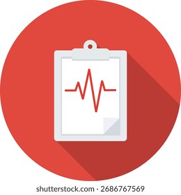 Una Imagen estilizada de un fondo de círculo rojo con un Portapapeles que muestra una lectura de los latidos del corazón, que representa el monitoreo de la salud y los conocimientos sobre la atención al paciente.