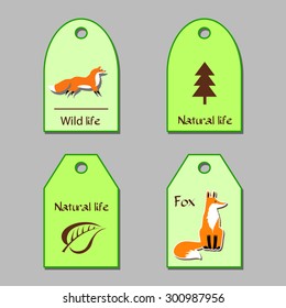 The stylized image of a red fox, grass, tree. Templates for design. Eco, nature, wild animals, zoo. Suitable for ads, invitations, signboards, business  card, and web banner designs