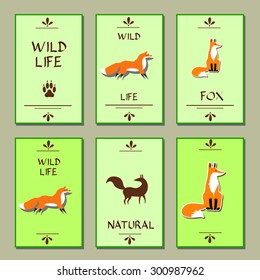 The stylized image of a red fox, grass, tree. Templates for design. Eco, nature, wild animals, zoo. Suitable for ads, invitations, signboards, business  card, and web banner designs