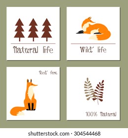 The stylized image of a red fox, grass, tree. Templates for design. Eco, nature, wild animals, zoo. Suitable for ads, invitations, signboards, business  card, and web banner designs