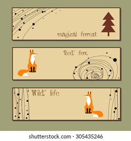 The stylized image of a red fox, grass, tree. Templates for design. Eco, nature, wild animals, zoo. Suitable for ads, invitations, signboards, business  card, and web banner designs
