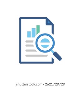 Stylized image of a report with a magnifying glass. Focus on data analysis and business trends in a flat style.