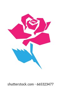 Stylized image of a rose flower. Crimson blooming Bud with short blue stem and one leaf on a white background. Vector illustration. Planar composition consisting of polygonal shapes.