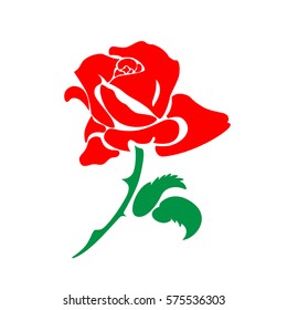 Stylized image of a rose flower. Planar composition. Painted colored illustration on white background. Red blooming rose. 