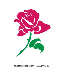 Stylized image of a rose flower. Planar composition. Vector illustration. Painted colored illustration on white background. Red pink blooming rose Bud with curved green stem and two leaves. 