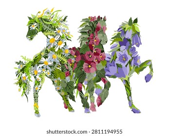 Stylized image of running horses in the form of mallows, forest bells, field daisies growing from leaves and flowers. Chinese calendar. Year of the Horse - 2026. Summer mood. Light summer season 2026.