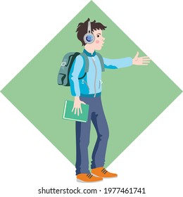 stylized image of a schoolboy with a backpack and a book on a green background