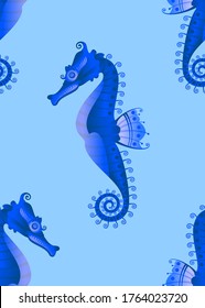 Stylized image of a seahorse. Seamless pattern. Vector graphics