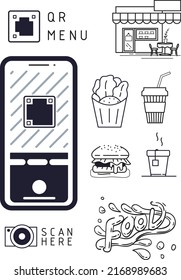 Stylized image of set food. Online shop. Flat design. Vector illustration. Qr code.