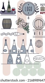 Stilvolles Bild von Weinladen oder Restaurant. Menüeinschrift, Logo. Online-Shop. Flaches Design. Vektorgrafik.