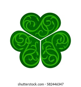Stylized image of shamrock with celtic ornament on a white background.