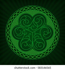 Stylized image of shamrock in outline style with celtic ornament on a green background.