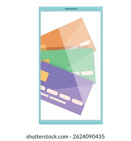 Imagen estilizada que muestra coloridas tarjetas de crédito virtuales dentro de una pantalla de teléfono inteligente