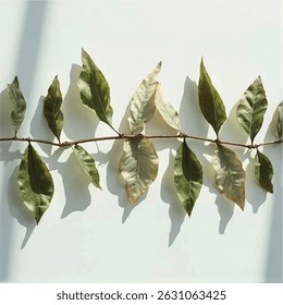 A stylized image shows a branch with several leaves, some green and some showing signs of withering, arranged in a horizontal line against a light background, casting subtle shadows.