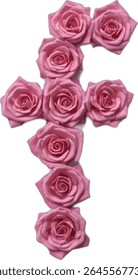 A stylized image shows the letter "F" formed from pink roses, arranged in a vertical line with overlapping blossoms creating a floral uppercase letter.