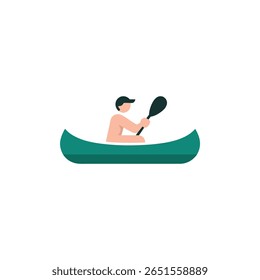 Uma imagem estilizada mostra um homem de pele clara com um chapéu remando uma canoa na água, o homem sem camisa, segurando uma pá, e o fundo é transparente, adequado para sobreposição.